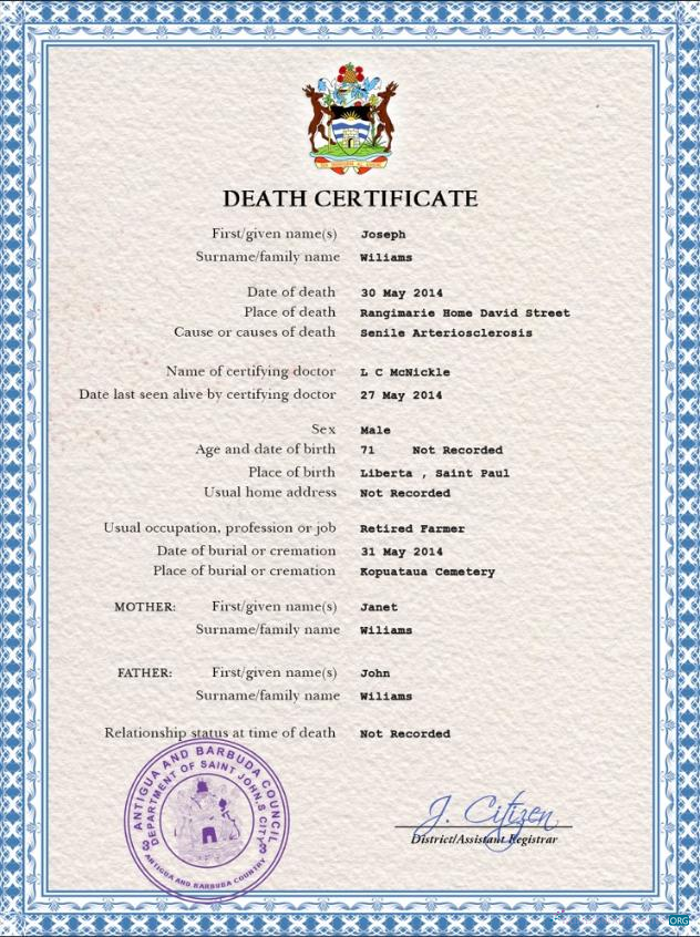Download Antigua and Barbuda vital record death certificate PSD template Photoshop template